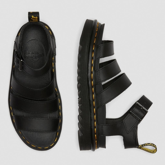 Black Strappy Sandals with Yellow Stitching - Picture 4 of 12
